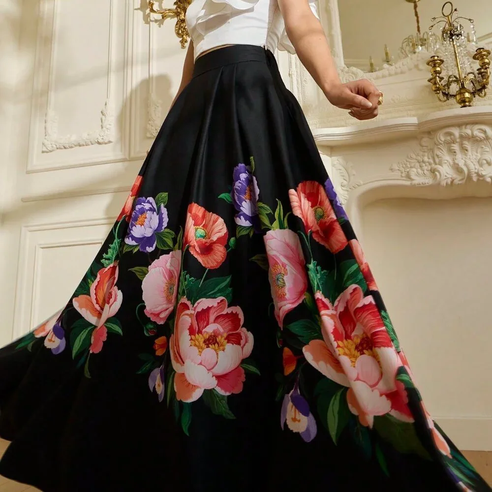 Black Elegant Women's Waist-Accented Patchwork A-Line Satin Skirt